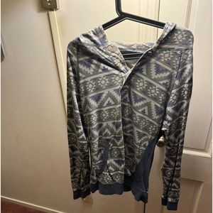 Half-Button Up Hoodie with Grey and Blue design.